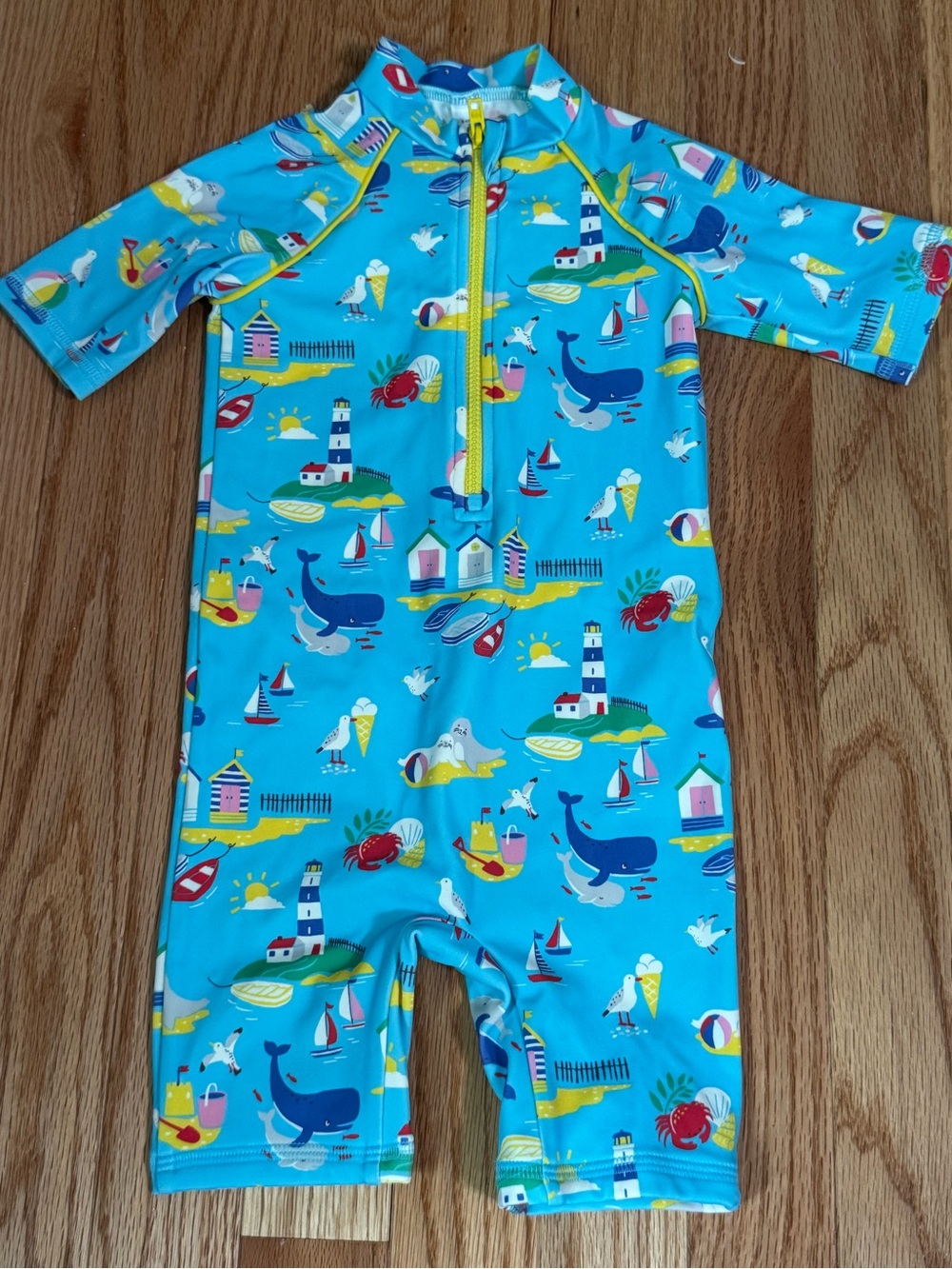 Baby Boden Turquoise Multi Whale Print UPF 40+ Swim Top size 3-6 months